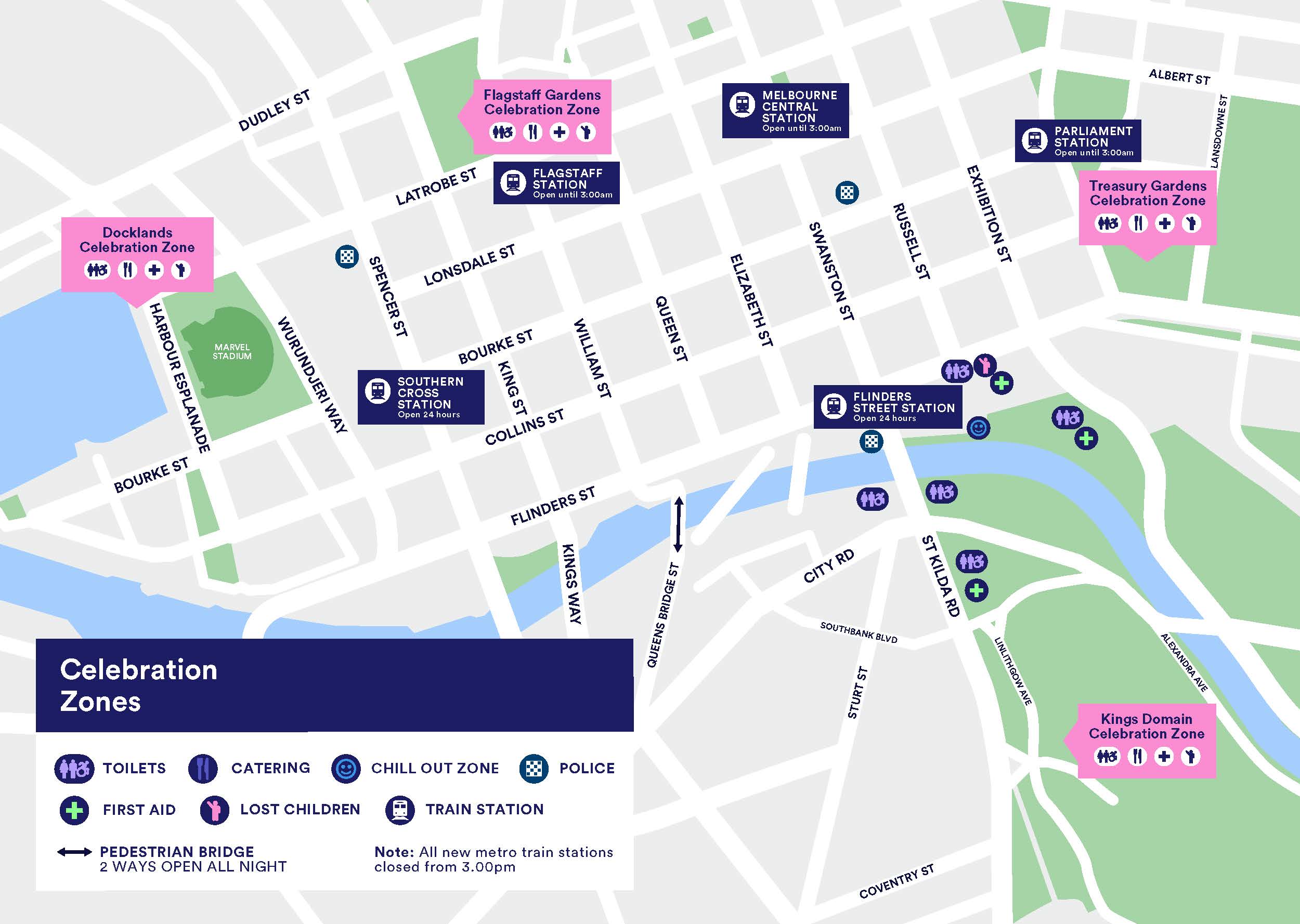 Map of Melbourne Celebration Zones for NYE 2025